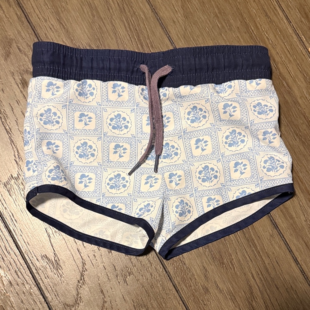 Girls' Blue Floral Print Shorts with Navy Trim